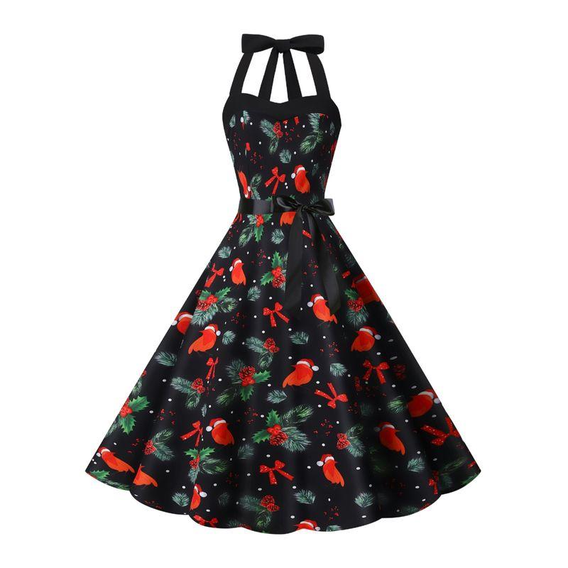 Fashion Style New Arrival Retro Hepburn Style Halterneck Christmas Print Shoelace Cinched Sleeveless Large Swing Dress Belt