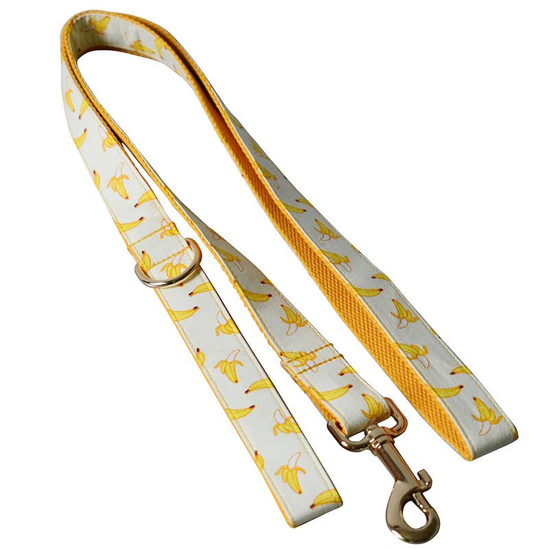 Yellow Banana Pet Collar and Leash Set with Engravable Golden Metal Buckle, 1.5m