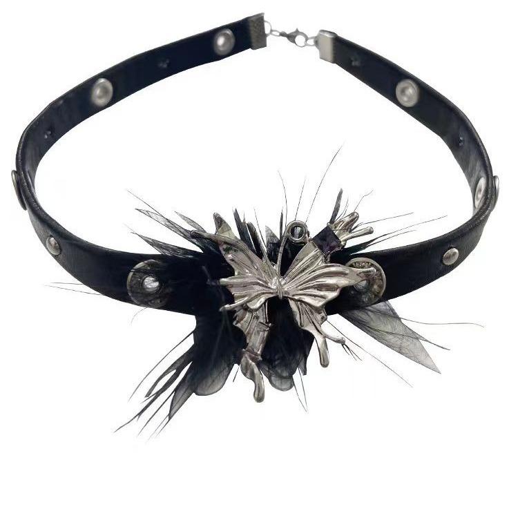 Black leather butterfly feather necklace female sweet cool babes pure desire wind niche design autumn and winter sweater chain collarbone chain
