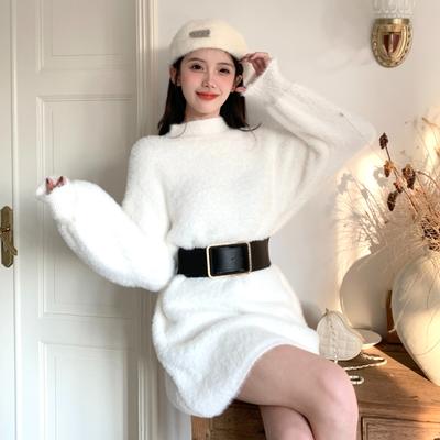 Winter Warme Vintage Gürtel Gestrickte Mini Kleid Frauen Elegante Pullover Kleider Streetwear Koreanische Feste Beiläufige Kleidung