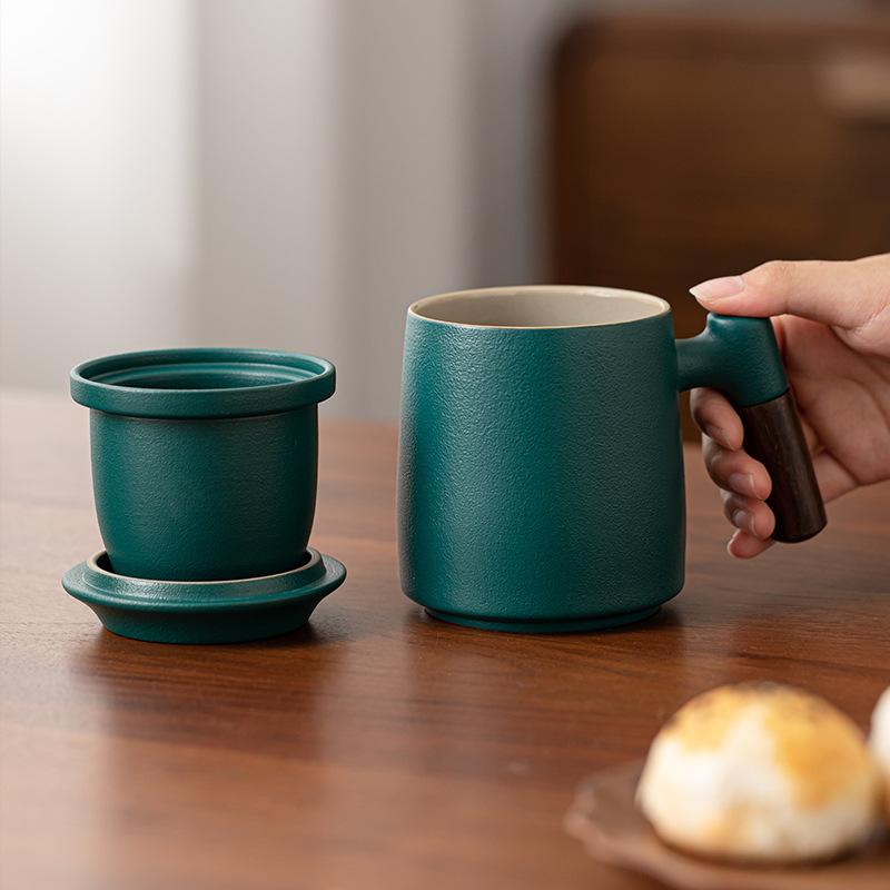 Ceramic Mug Wooden Handle with Lid Filter Tea Cup Large Capacity Office Cup Tea Cup Tea Separation Gift