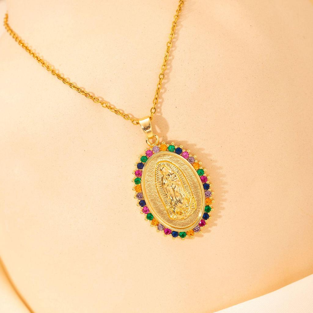 Retro Style European & American Copper Zircon Mary Pendant Necklace