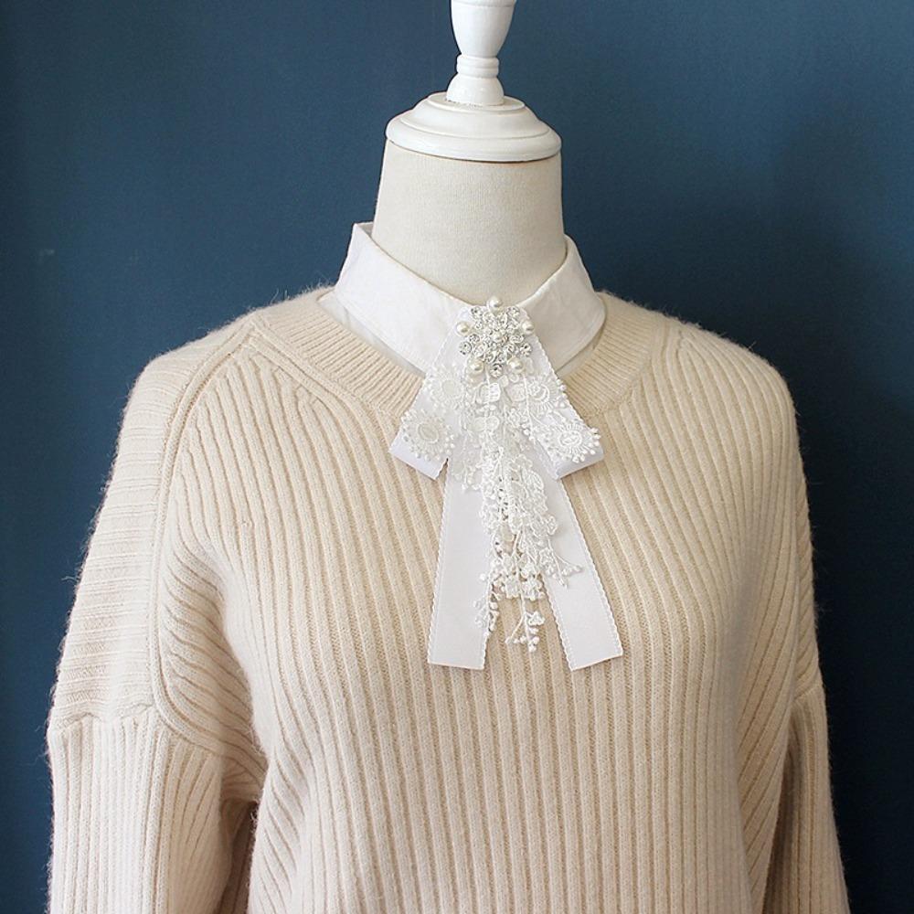 Fashion White Lace Ribbon Bow Ties Women's College Style Shirt Accessories Jewelry Gifts Rhinestone Pearls Collar Flower