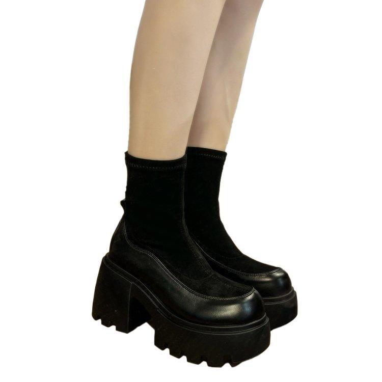 Short Boots Spring New Retro Fashion Small Thick-soled Heightening Martin Boots Versatile Elastic Thin Boots
