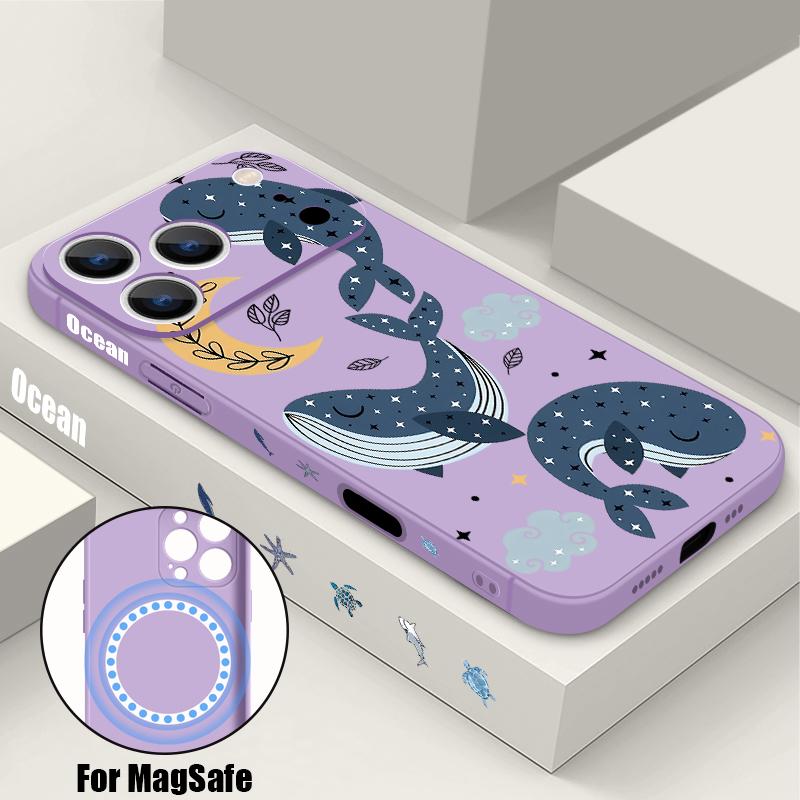 Cartoon Whales Stars Pattern Case For iPhone 17 Pro Max Magnetic For Magsafe Silicone Cover For iPhone 16 Pro Max Funda iPhone 15 14 13 12 11 16E Air