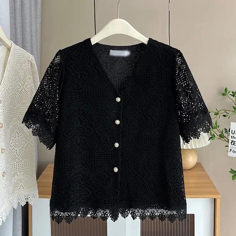 

Fashionable Hollow Short-sleeved Lace Shirt for Women in Summer Large Size Loose Temperament Foreign Style 2XL