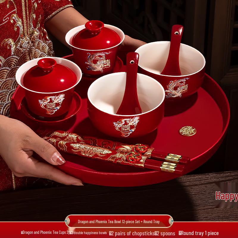 Festive Red Wedding Tea Set: Lidded Bowls, Tea Cups, and Chopsticks