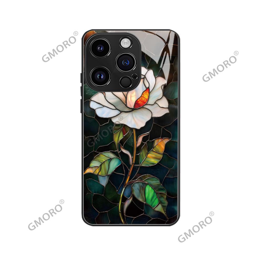 New artistic white rose for Apple 17pro flower mobile phone case 16 all-inclusive glass protective case