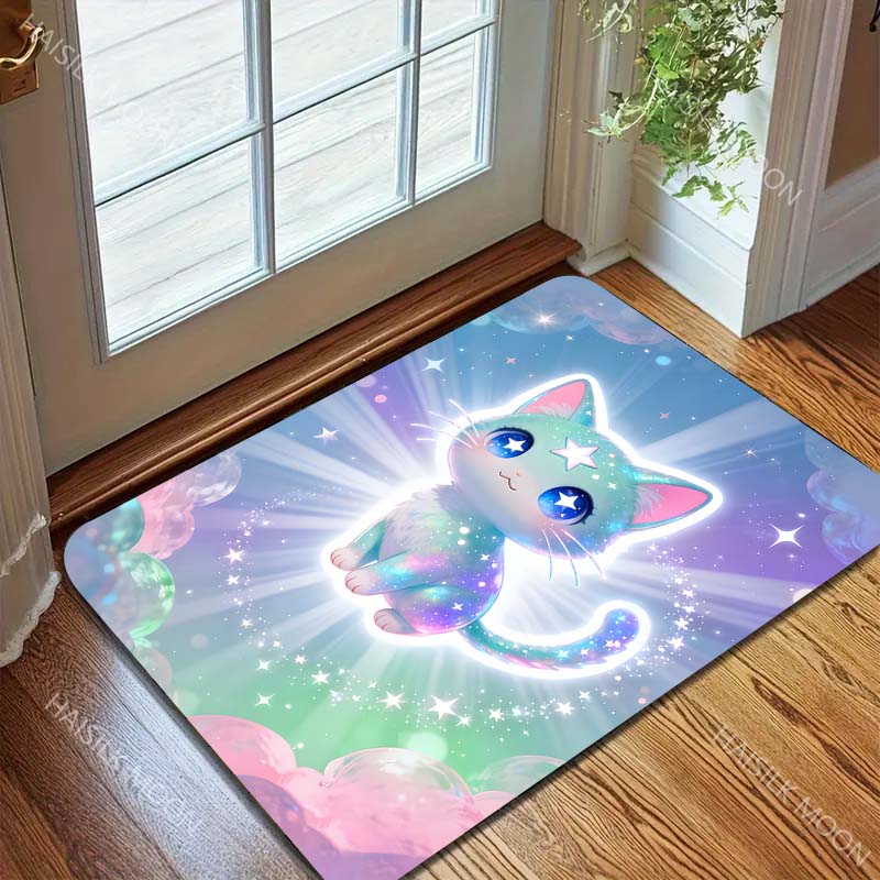 Multiple sizes Starry cat, dreamy background Print Carpet Rug for Living Room Bedroom Sofa Doormat Home Decor Non-slip Floor Mat