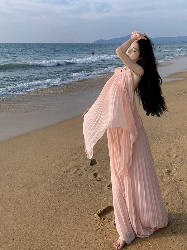 Pink Seaside Vacation Long Dress - Flowy Fairy Skirt Set