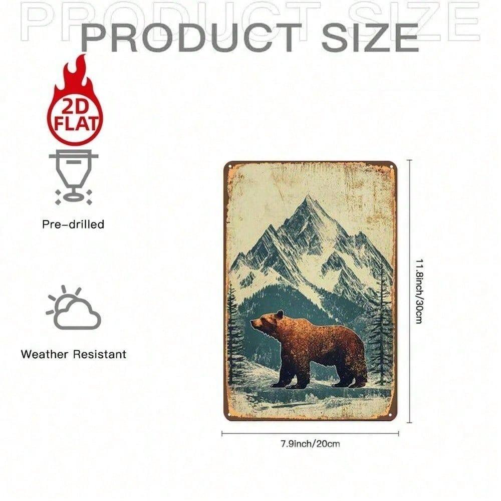 1pc Majestic Bear Snowy Mountains Metal Sign 8x12 Vintage Rustic Tin Wall Art 2D Flat Iron Painting for Home Decor