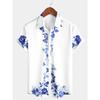 Herren Blau Floralprint Hawaiian Hemd mit Knöpfen Sommer Strand Lässig Kragen Kurzarmhemd Ropa Casual Para Hombres