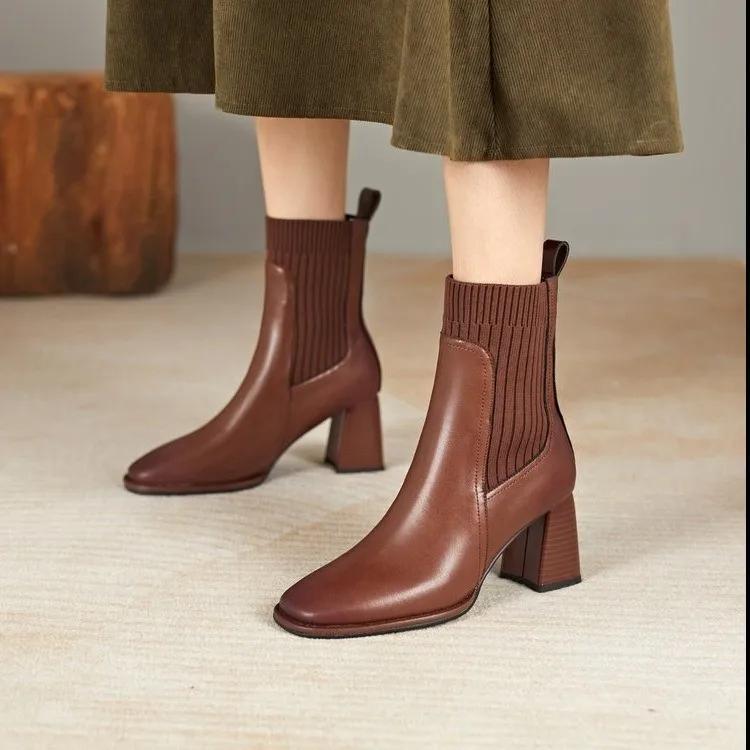 Fashion Fashiong French Retro Square Toe Women Shoes High Heeled Knitted Short Boots Temperament Thick Heeled Socks Boots 2025