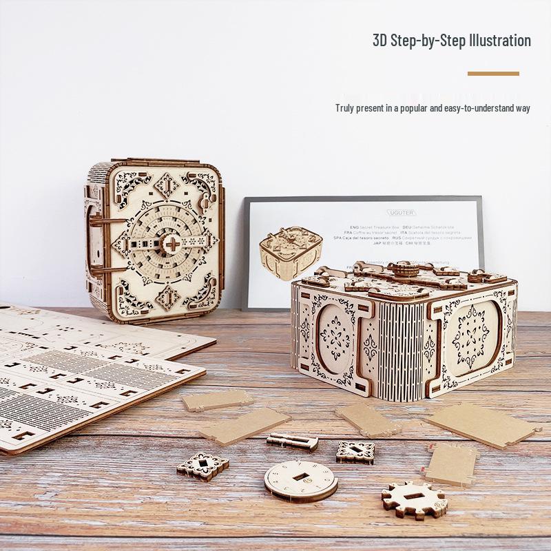 DIY Wood Treasure Box G612: 3D Puzzle, Password Protected, Music Box Gift for Kids