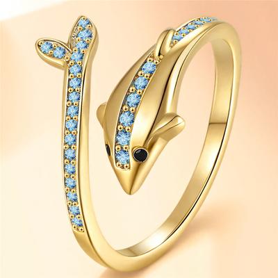Cute Female Blue Zircon Stone Open Dolphin Animal Wedding Rings Promise Adjustable Gold Color Engagement For Women