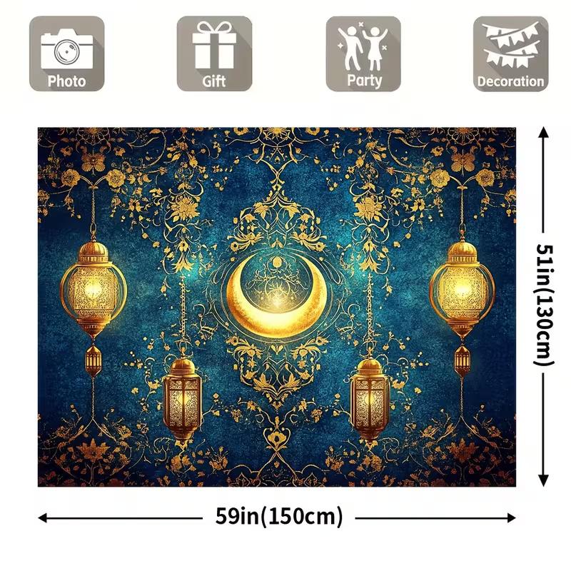2D Ramadan Kareem Backdrop Blue Gold Moon & Lantern Photography Background for Eid Party