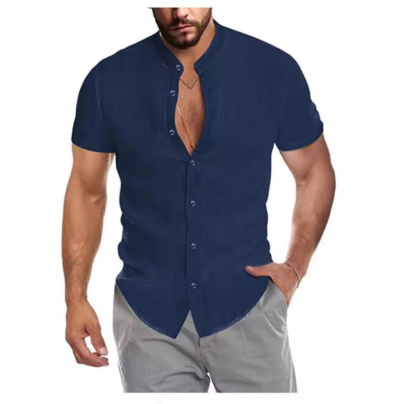 Summer V-neck Linen New Cardigan Stand-up Collar Short-sleeved Men's Shirt