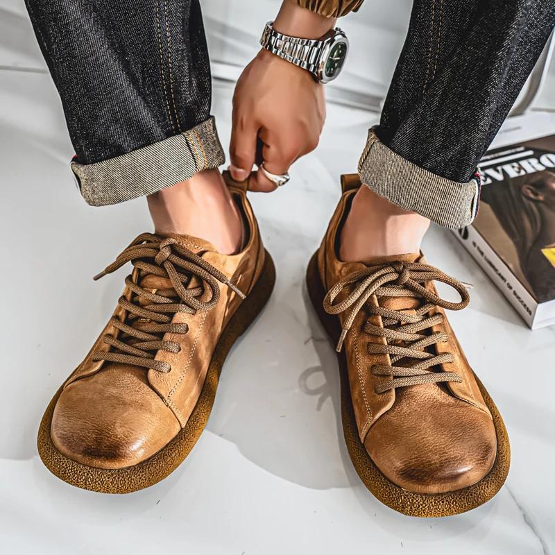 Fashion British Style Flat Designer Driving Shoes Men Minimalist Split Leather Casual Leather Oxford Shoe Comfy Lace-Up Walking Sneakers
