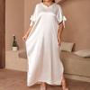Plus Size Middle Eastern Women's Solid Color Round Neck Bow Slit Long Dress - Loose, Elegant, and Comfortable