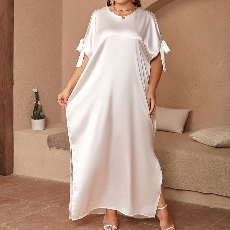 Plus Size Middle Eastern Women's Solid Color Round Neck Bow Slit Long Dress - Loose, Elegant, and Comfortable