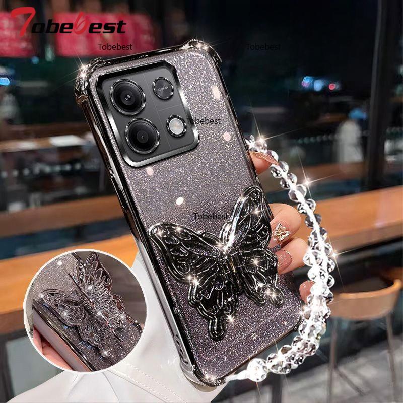 Shockproof Glitter Plating Case for Xiaomi Redmi Note 13 Pro Plus 13C 4G 5G 3D Butterfly Phone Holder Bead bracelet Back Cover
