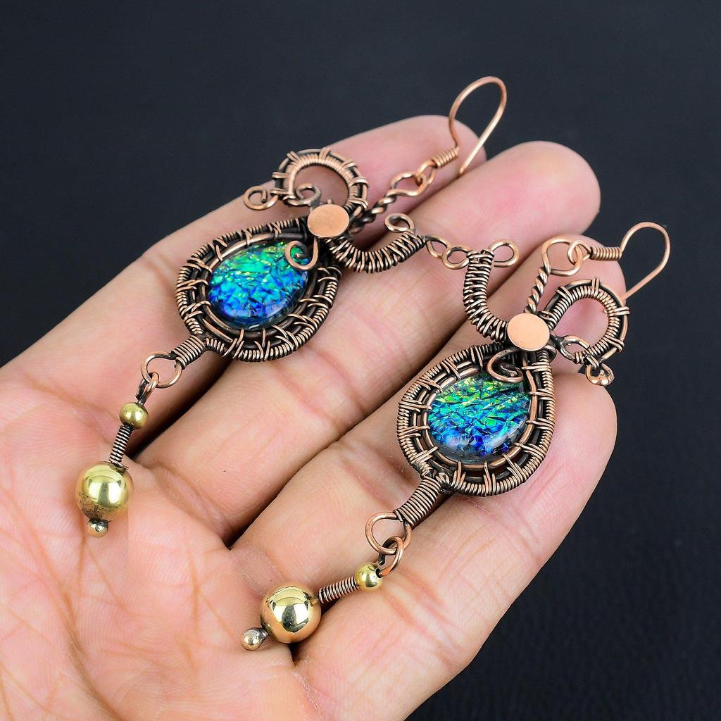 Australian Triplet Opal Earrings, 999 Copper Wire Wrapped Earrings, Handmade Gemstone Jewelry Earrings For Memorial Day