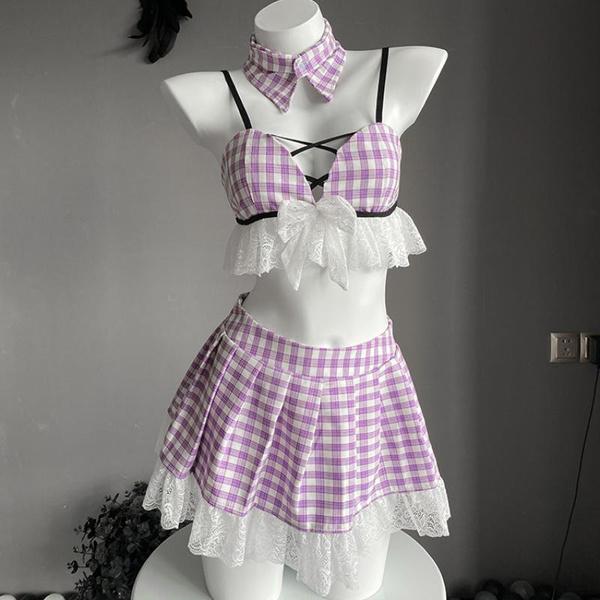 Women Schoolgirl Outfit Lace Hollow Out Backless Cosplay Costumes Student Uniform Sweet Sexy Lingerie Underwear Plaid Mini Skirt