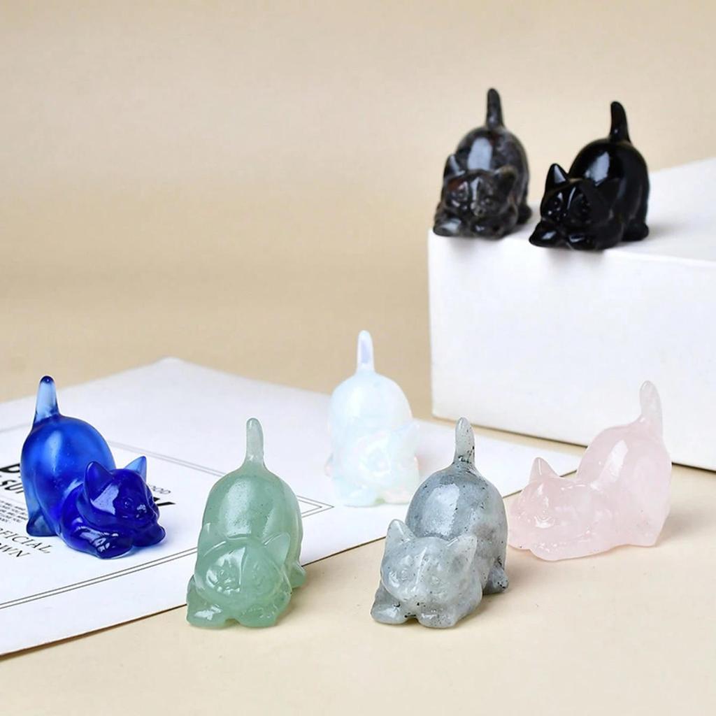 Cute Lazy Cat Statue Natural Stone Crystal Carved Healing Animal Figurine Reiki Gemstone Crafts Home Decoration Lovely Gift
