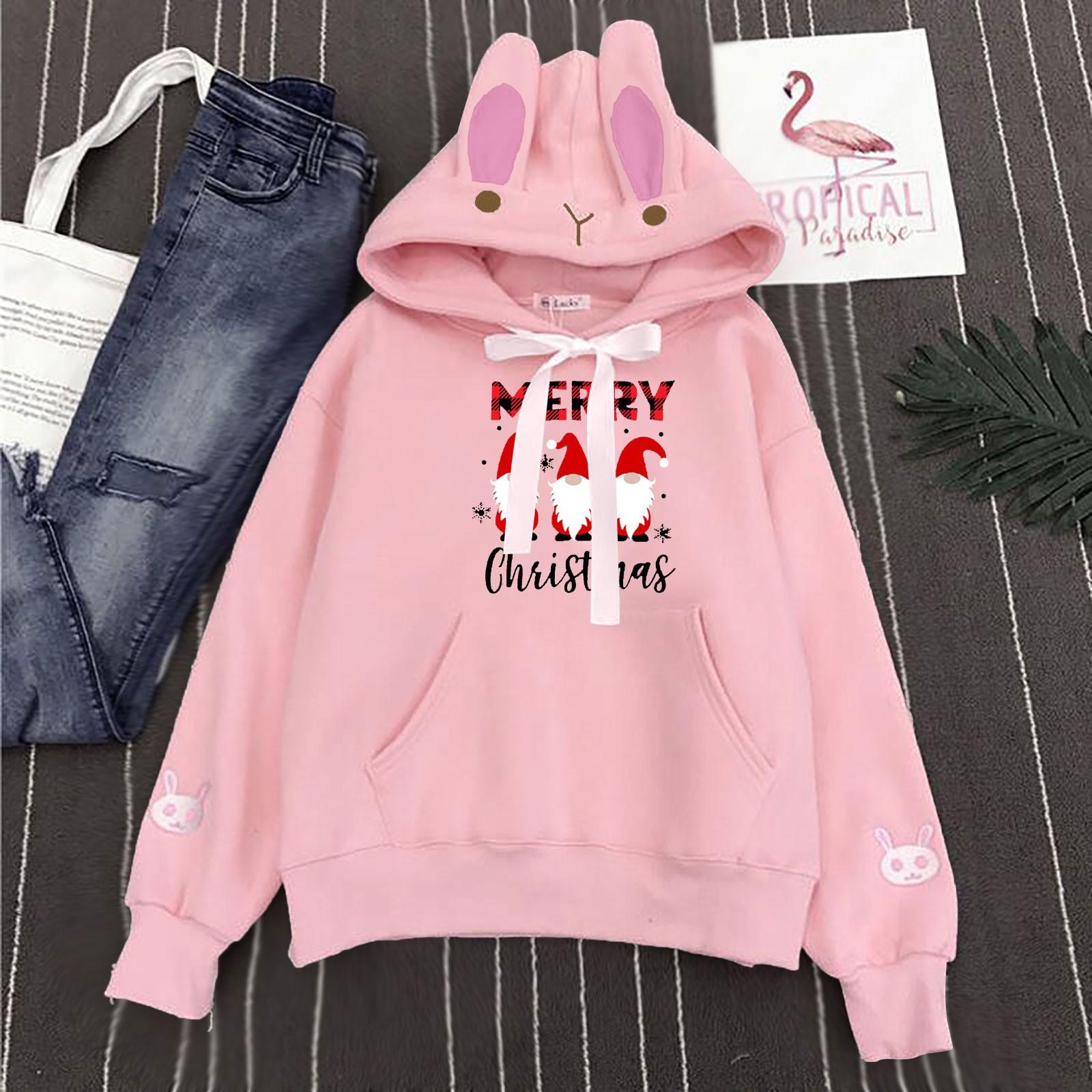 

Женская повседневная модная вышитая толстовка с капюшоном и карманом с милыми кроличьими ушками и рождественским принтом