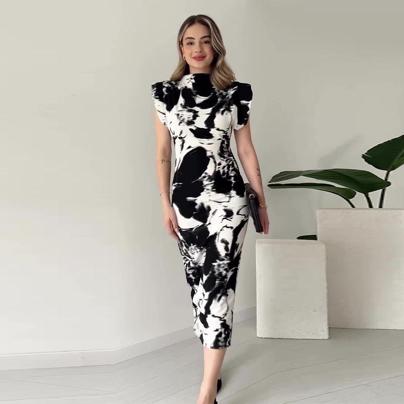 2024 Summer Women's Color Block Fly Sleeve Bodycon Long Dress