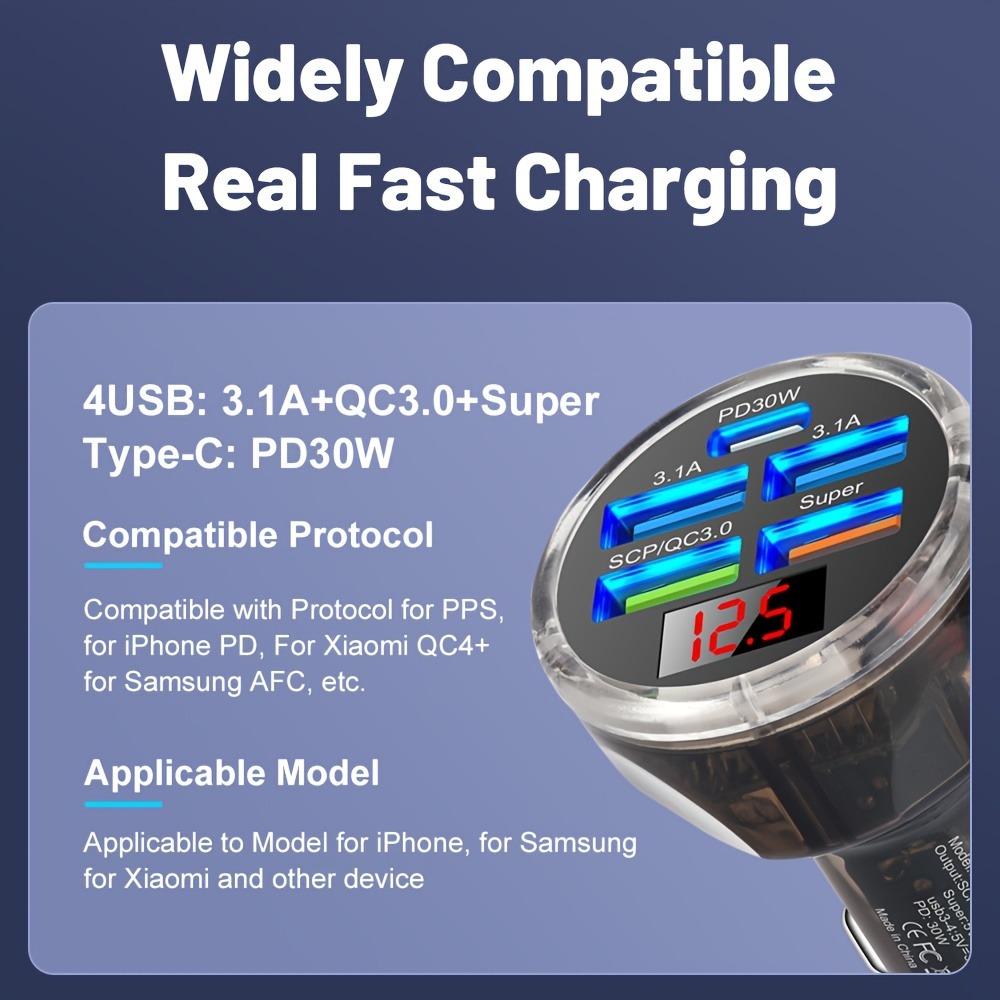 150W Mehrfachanschluss-Autoladegerät 5/6 Anschlüsse, 4 USB + Dual PD, Blaue oder Farbige Hintergrundbeleuchtung Spannungsanzeige für 12–32V Fahrzeuge
