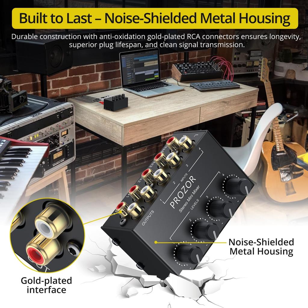 PROZOR Stereo Audio Mixer 4 Channel RCA Interface 4 Input 1 Output Mini Stereo Sound Mixer Passive Stereo Mixer Metal Shell Japanese Instruction