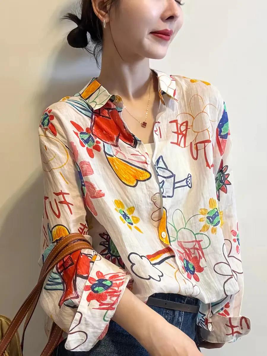 Women S Vintage Printed Collared Cotton Long Sleeve Shirt S