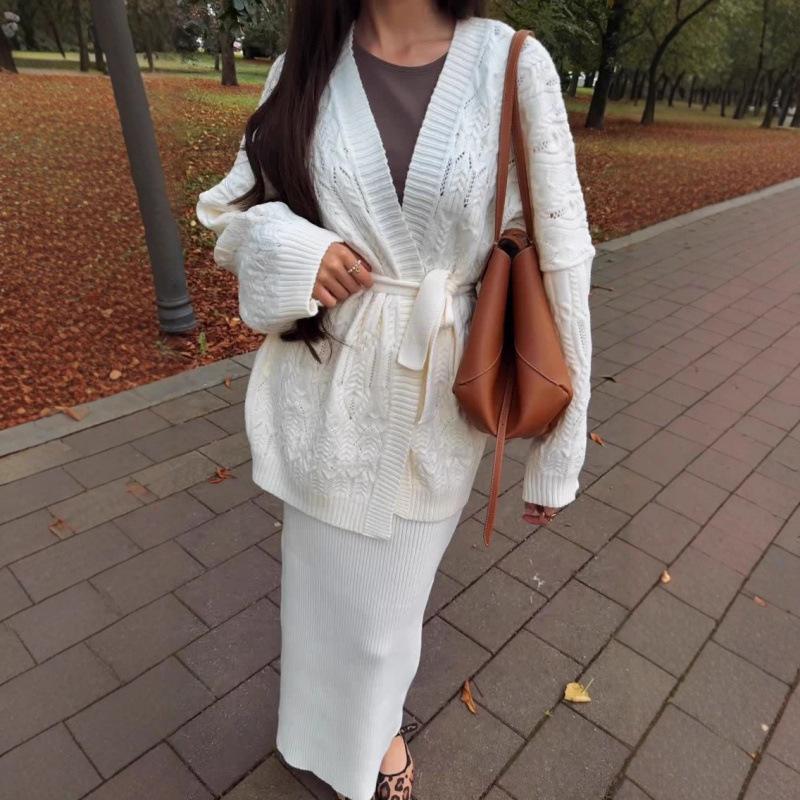 Hollow Cardigan Loose Knitted Sweater Jacket Cross-border European and American Women's Clothing Lace-up Skirt Fashion Casual Suit