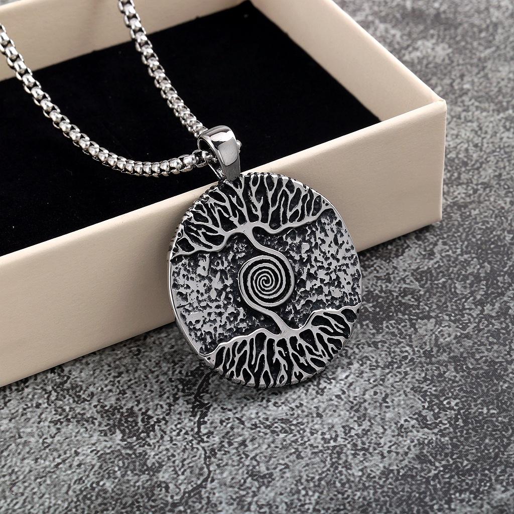 Vintage Stainless Steel Men's Necklace Double Sided Viking Tree Of Life Pendant
