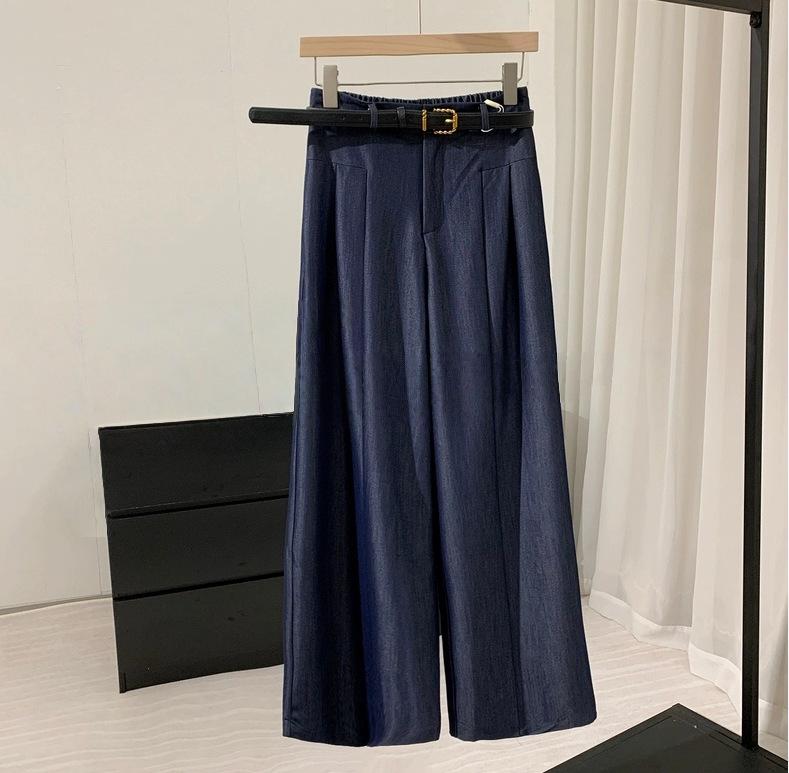 Cabinet 898+ Navy Wide-Leg Long Pants: 2026 Spring Elegant Casual Style with Belt. Large