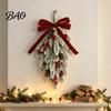 Winter Holiday Home Decor Flocked Christmas Teardrop Swag for Front Door, Artificial Pine with Red Wreaths Berries Velvet Bow, Snowy Hanging