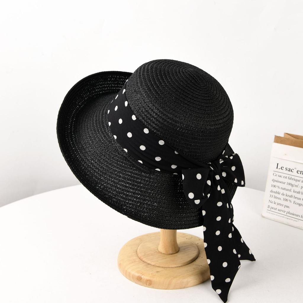 New Straw Hat Women's Summer Sun Protection Big Eaves Hat Front Upturned Elegant Sun Hat Polka Dot Bow Outdoor Beach Hat