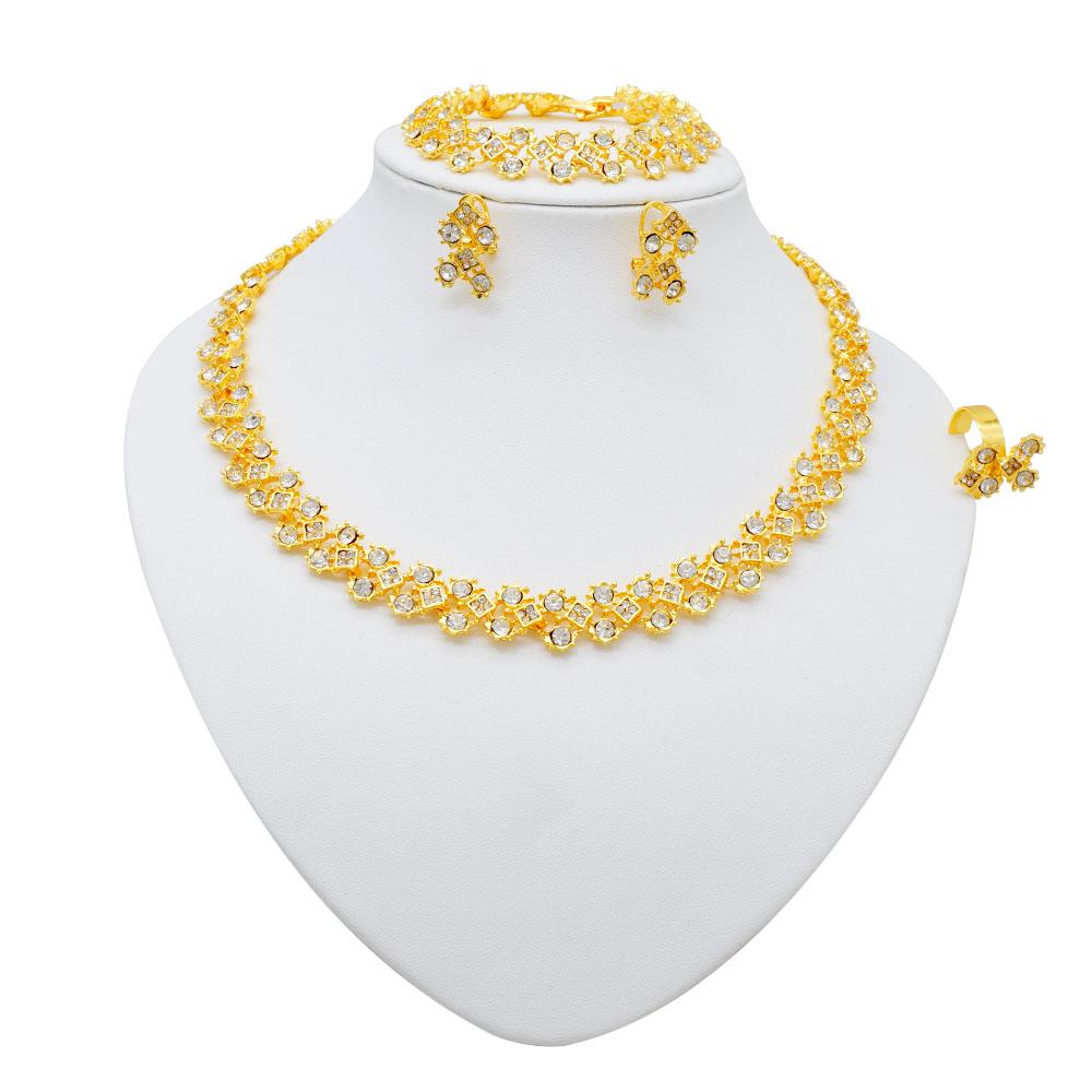 Simple Elegant Gold Color Women Jewelry Sets Necklace Earrings Bracelet Rings Sets Fashion Set Dubai Wedding Banquet Party Gifts