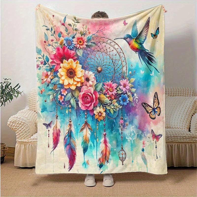 1pc Birds Flowers Butterflies and Feathers in a Fantasy Garden  Soft Warm Home Decorative Blankets for Couch Bed Sofa, Living Room, Travel, Camping
