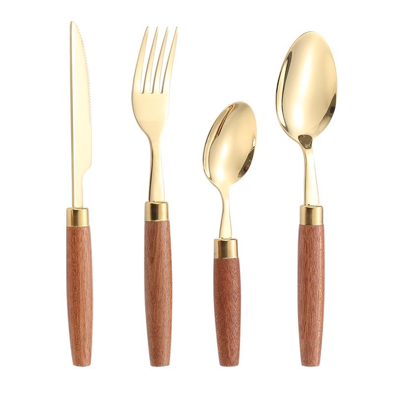 Japanese 304 Stainless Steel Cutlery Set with Wooden Handles: Knife, Fork, Spoon, Dessert Spoon, and Steak Knife for Western Cuisine and Hotel Use.