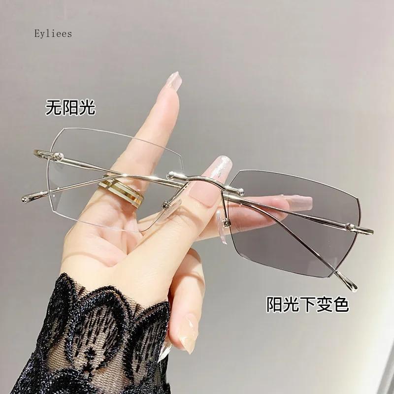 Smart Outdoor Photochromic Myopia Glasses Women Men Rimless Anti Blue Light Near-sighted Finished Diamond-cut Eyeglasses Diopter