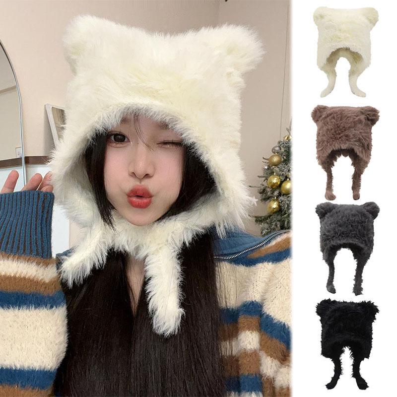 Winter Plush Women Hat Cute Bear Ear Protection Beanie Cap For Girls Female Kawaii Solid Color Faux Fur Warm Earmuffs Caps