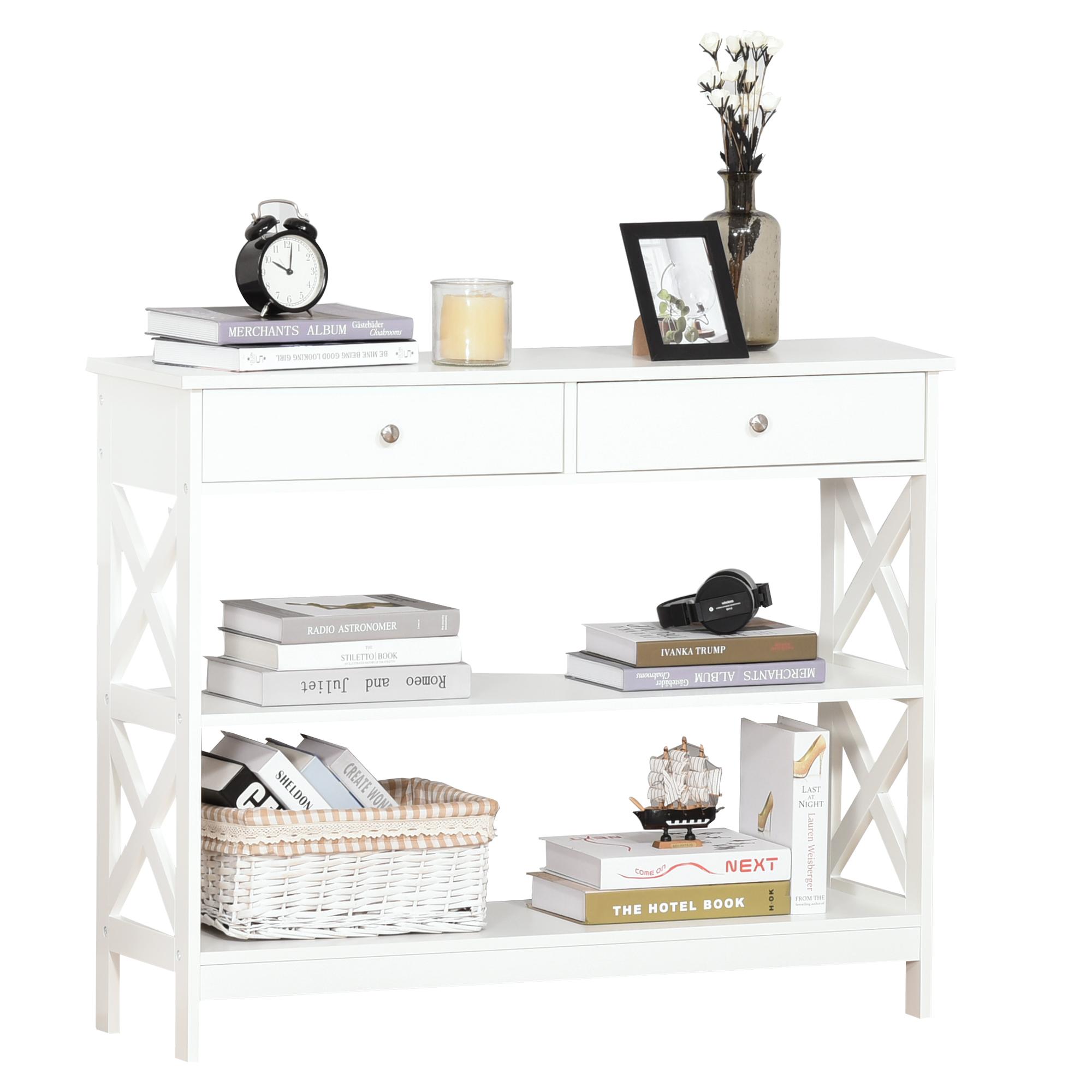 Console Bureau d'appoint Avec Étagères Tiroirs Plateau Ouvert Cadre en X Meubles de Salon Couloir Bureau à Domicile Blanc