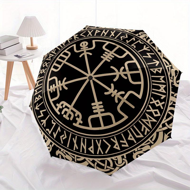 Wikinger Kompass Vegvisir Nordisches Symbol Wandteppich Wandbehang Dekor Schirm, Niedlicher Schirm mit Niedlichem Design, Tragbarer 3-Fach Kompakter Schirm für Männer &
