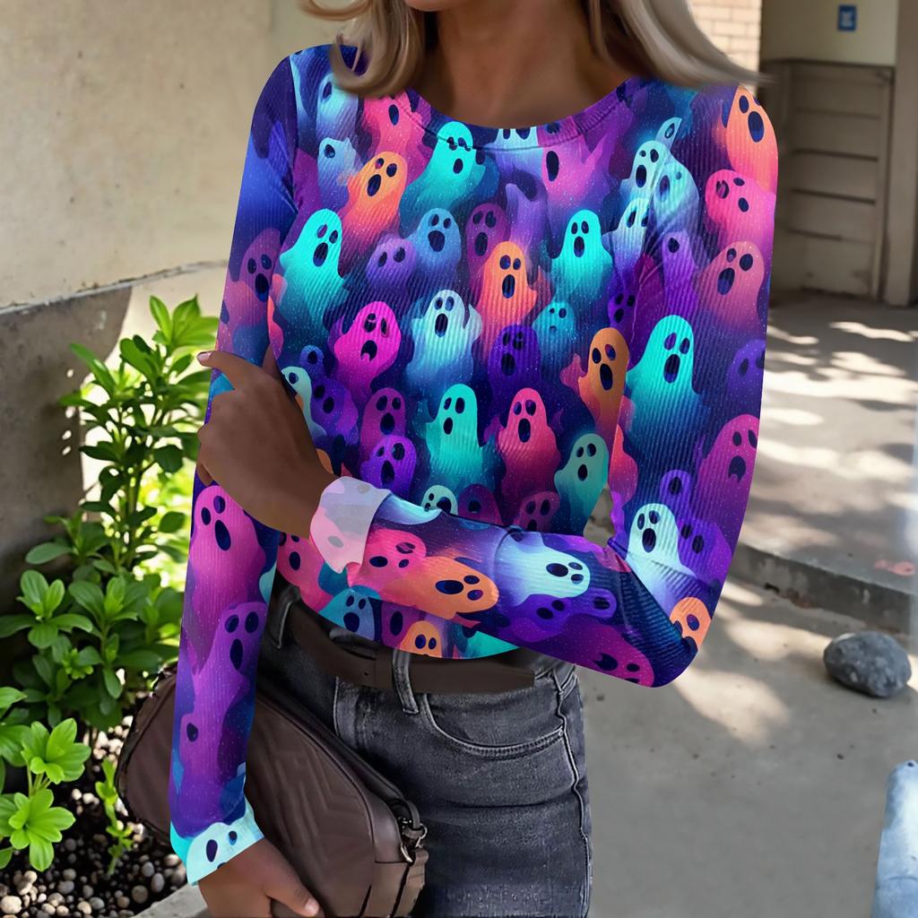 Women's Casual Long Sleeve Ribbed Knit Top Halloween Pumpkin Print Crew Neck Slim Fit Shirt for Fall Seasonal Wear