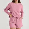 Women's Solid Color Textured Casual Set Long Sleeve Shorts Drawstring Two-Piece Set