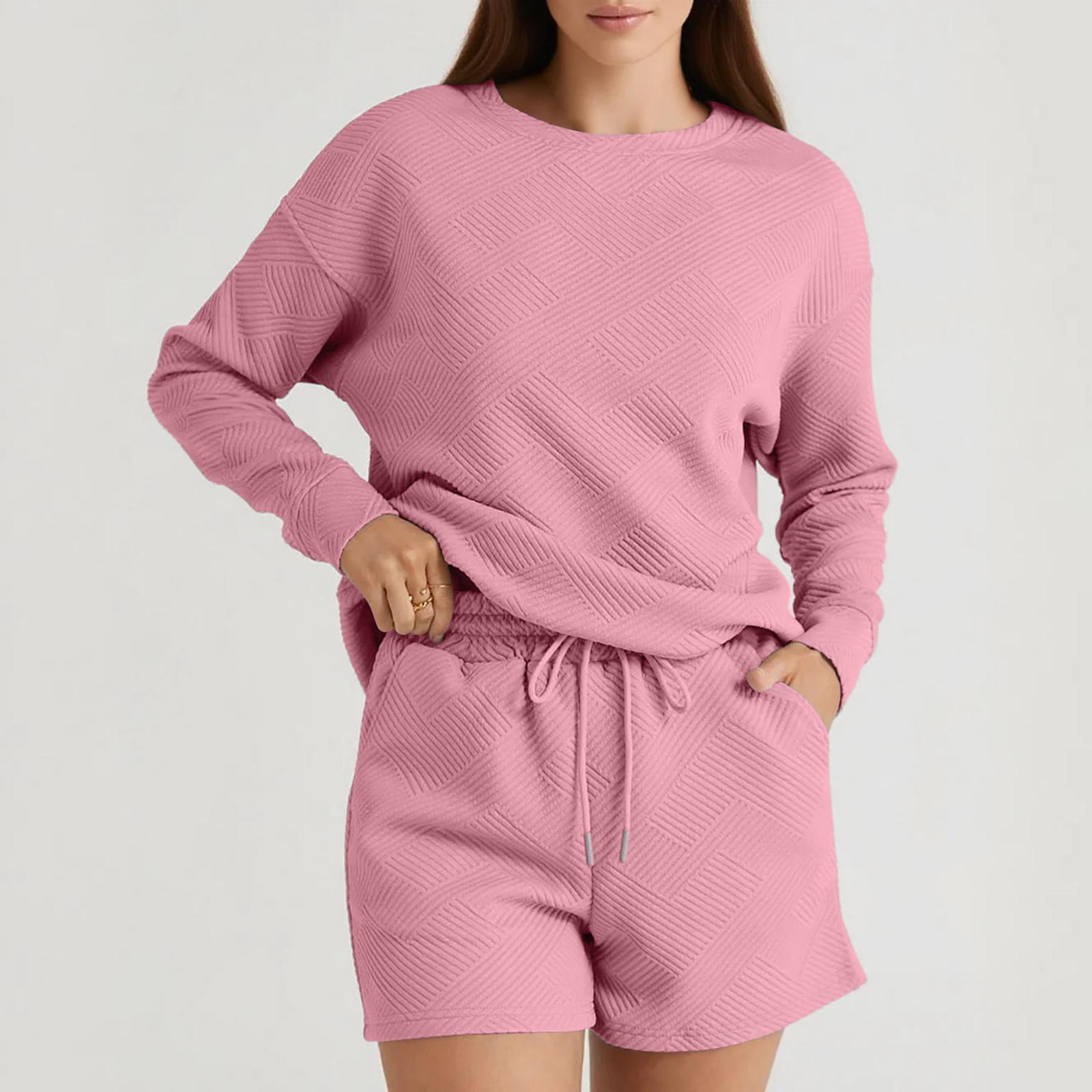 

Women s Solid Color Textured Casual Set Long Sleeve Shorts Drawstring Two-Piece Set L розовый