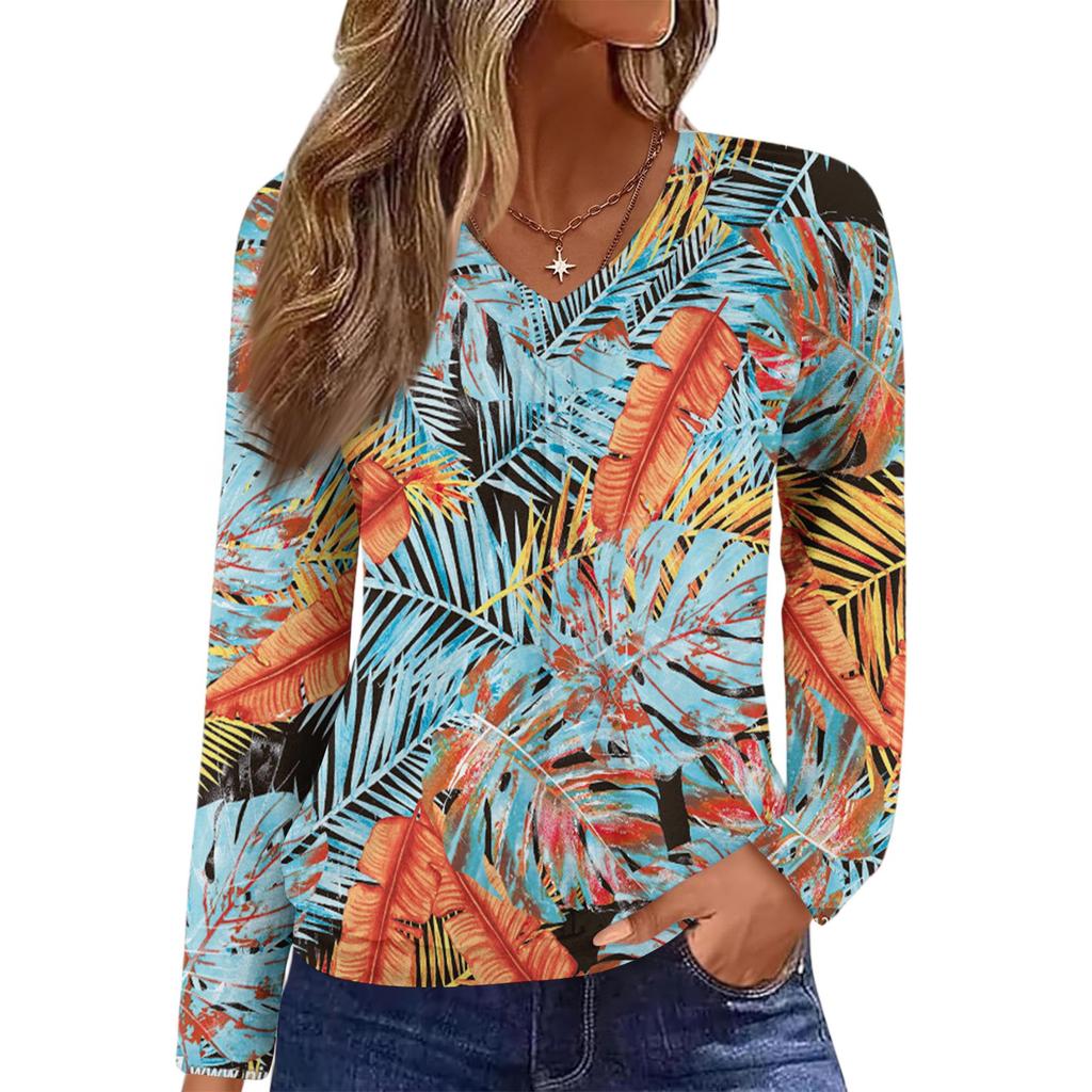 Women's Casual Fashion V-Neck Raglan Pleated Floral Print Long Sleeve Top