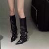 Fashion Bla High-Tube Long Boots Women's Faionable Retro Belted Pointed Toe Booties Spring Autumn PU Leather Cotton Lined Rubber ...